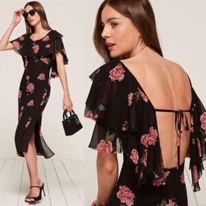 Reformation Angel Miranda Pink Black Floral Print Midi Dress 4 NWT Rare
